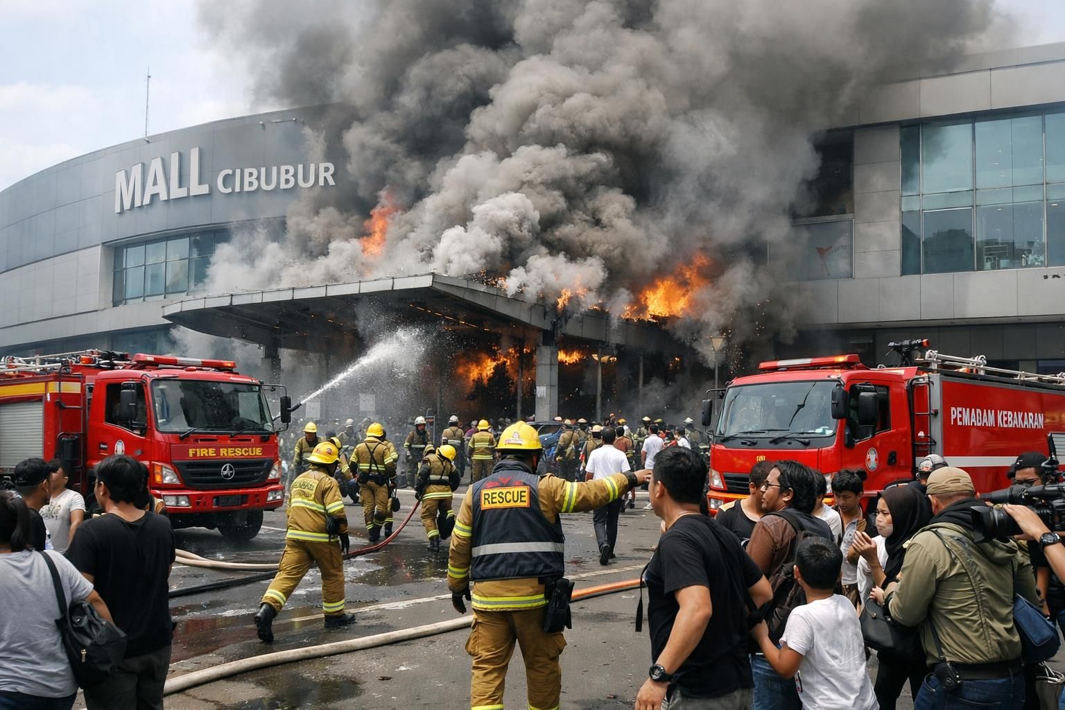 kebakaran besar terjadi di mall ciputra cibubur, dua unit pemadam kebakaran segera dikerahkan untuk mengatasi api dan menyelamatkan pengunjung.
