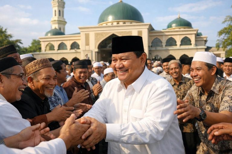 setelah shalat id, prabowo berbaur dengan jamaah masjid darussalam, warga antusias saling berebut bersalaman, menciptakan suasana hangat dan penuh kebersamaan.