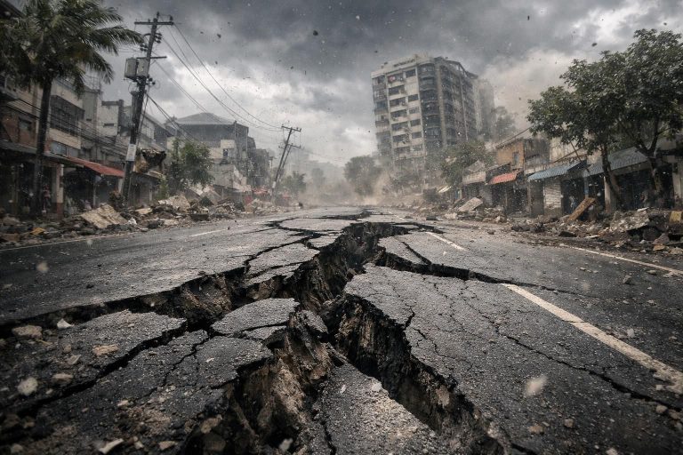 gempa dahsyat magnitudo 7,6 mengguncang sulawesi utara dan maluku utara, menyebabkan aspal jalan bergoyang hebat dan menimbulkan kepanikan di wilayah terdampak.