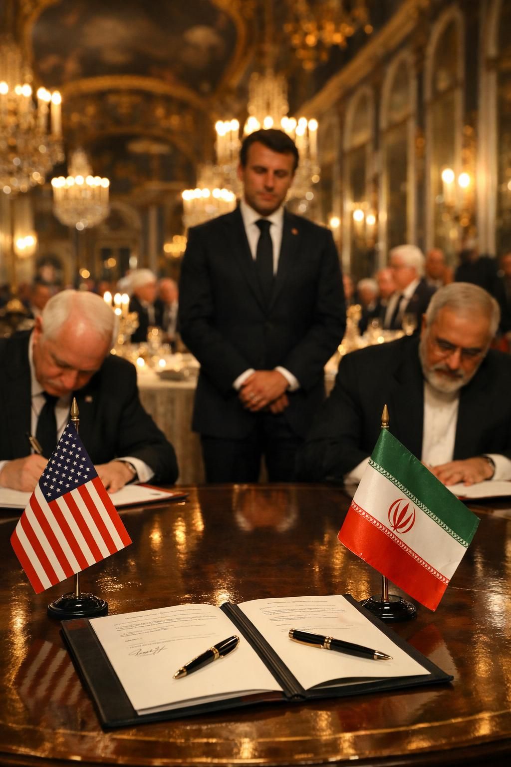 saat bersejarah di istana versailles: trump menandatangani mou perdamaian dengan iran, disaksikan oleh presiden macron, menandai langkah penting dalam hubungan internasional.