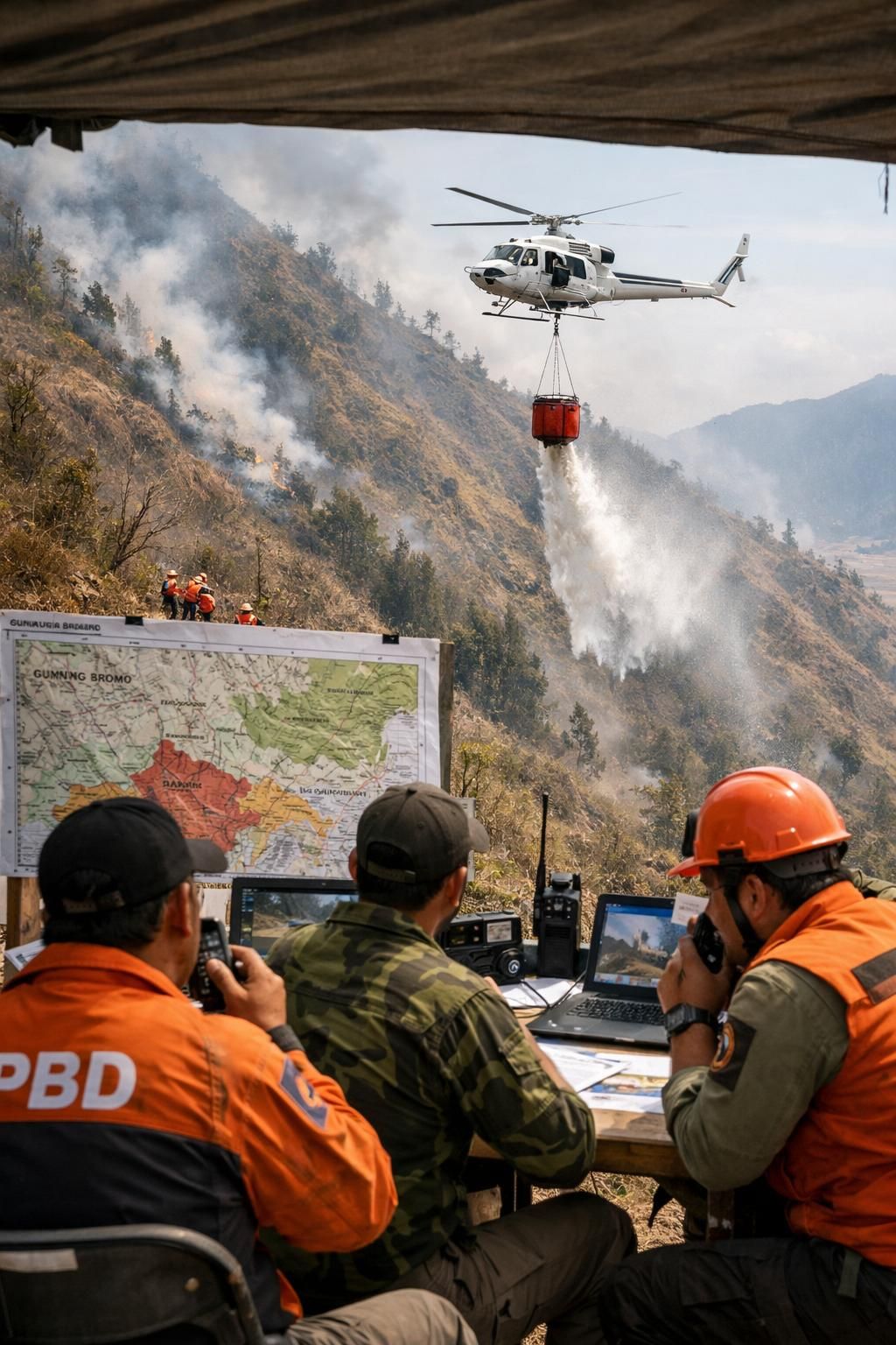 menteri kehutanan meninjau upaya pemadaman kebakaran di bromo dengan optimalisasi penggunaan water bombing untuk mengendalikan api secara efektif dan cepat.