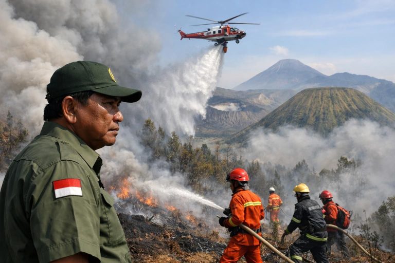 menteri kehutanan meninjau upaya pemadaman kebakaran di gunung bromo dengan mengoptimalkan penggunaan water bombing untuk mengendalikan api secara efektif dan melindungi lingkungan.