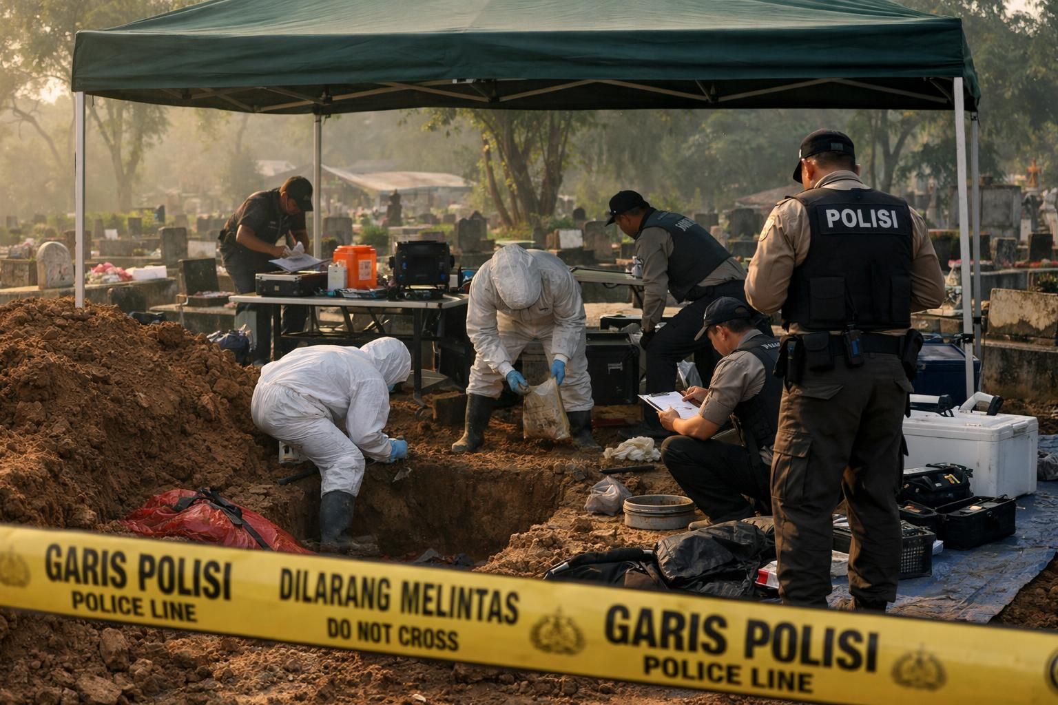 proses ekshumasi jenazah sutrimo dimulai pagi ini di bawah pengawasan brigjen hastry, dilaporkan oleh detiknews.