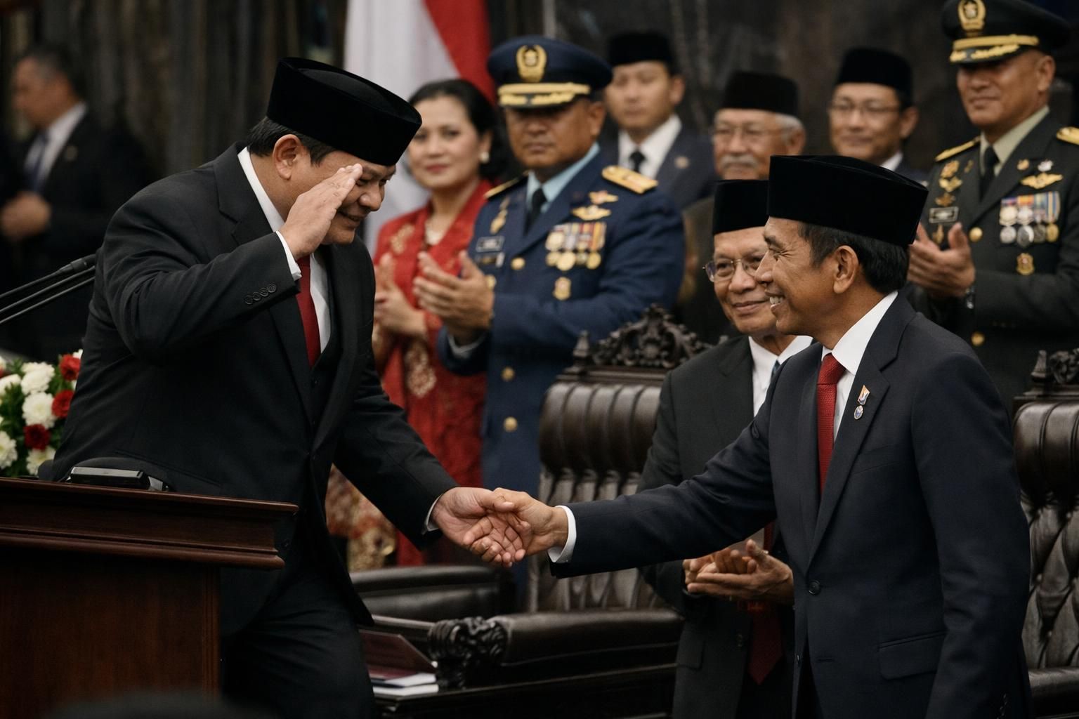 setelah pidato yang menginspirasi, prabowo memberikan penghormatan dan salam hangat kepada jokowi sebagai bentuk penghargaan dan kerjasama yang erat.