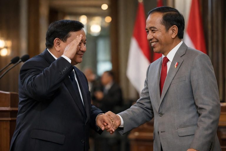 setelah pidato yang mengesankan, prabowo memberikan penghormatan dan salam hangat kepada jokowi sebagai tanda hormat dan dukungan.